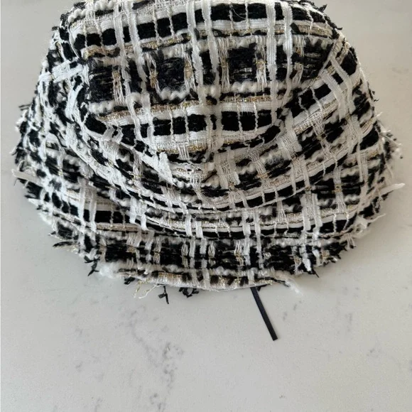 Anthropologie OS Plaid Tweed Bucket hat with Black White Metallic Lurex Gold - Picture 6 of 8